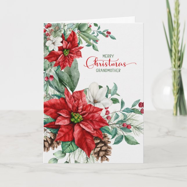 for Grandmother Christmas Poinsettias Elegant Holiday Card (Front)