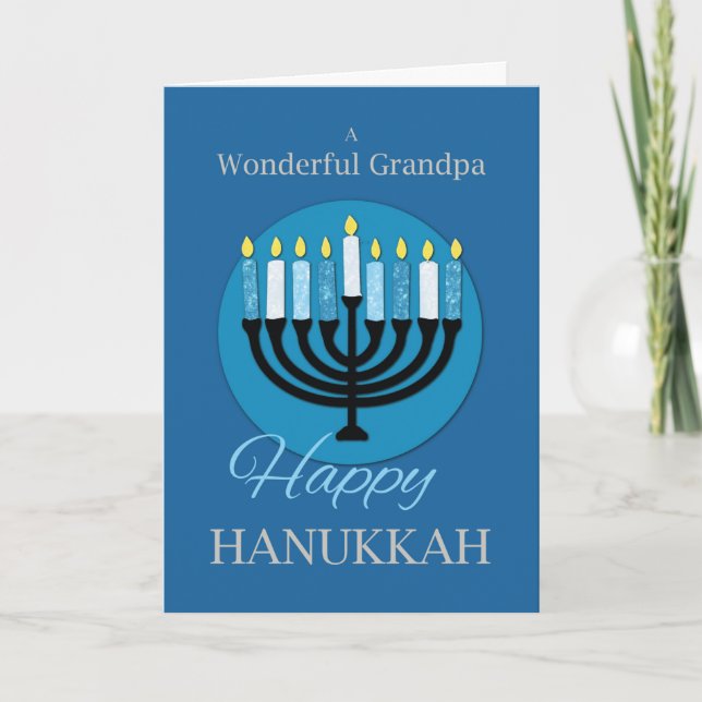 For Grandpa Hanukkah Menorah on Dark Blue Card (Front)