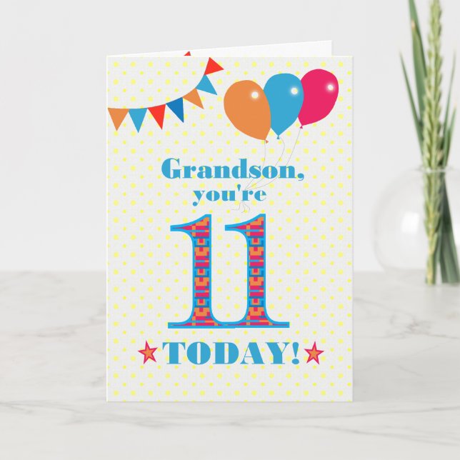 For Grandson 11th Birthday Bunting Balloons Card (Front)