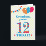 For Grandson 12th Birthday Bunting Balloons Card<br><div class="desc">A colourful birthday card for an 12-year-old grandson, The large number 12 is filled with an orange, red and blue pattern, outlined in bright blue. There are balloons and bunting at the top, in matching colours and the front cover greeting is, 'Grandson, you're 12 today!' in bright red and blue...</div>