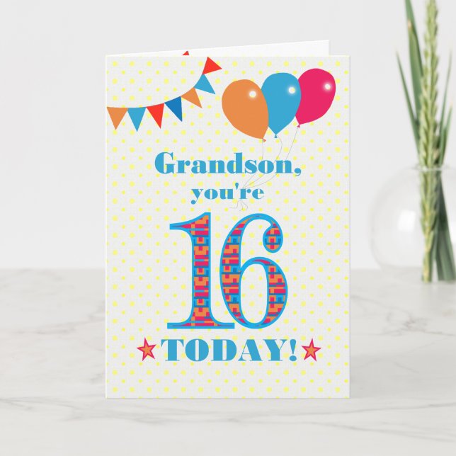 For Grandson 16th Birthday Bunting Balloons Card (Front)