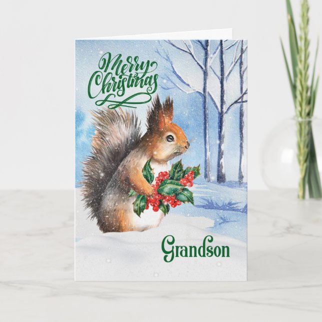 for Grandson Christmas Squirrel Winter Woodland Holiday Card (Front)