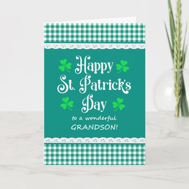 For Grandson St Patrick's Shamrocks Green Checks Card (Front)