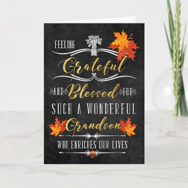 for Grandson Thanksgiving Blessings Chalkboard Holiday Card (Front)