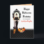 For Great Granddaughter Halloween Birthday Witch Card<br><div class="desc">Designed by Farida Greenfield. A fashion illustration of a lady wearing gorgeous classic elegant long black dress holding a witch broom decorated with black ribbons with pumpkins on the foreground with gothic style mirror and dark damask flock wallpaper on the background. The design is for Great Granddaughter on Halloween Birthday....</div>