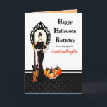 For Great Granddaughter Halloween Birthday Witch Card<br><div class="desc">Designed by Farida Greenfield. A fashion illustration of a lady wearing gorgeous classic elegant long black dress holding a witch broom decorated with black ribbons with pumpkins on the foreground with gothic style mirror and dark damask flock wallpaper on the background. The design is for Great Granddaughter on Halloween Birthday....</div>