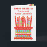 For Great Grandson Custom Age Birthday Cake Card<br><div class="desc">You can add the age to this brightly colored birthday card for your great grandson, with a strawberry birthday cake. The cake has lots of candles with different patterns and there is a patterned band around the cake with colorful summer fruits - strawberries, raspberries, limes and orange slices. Above the...</div>