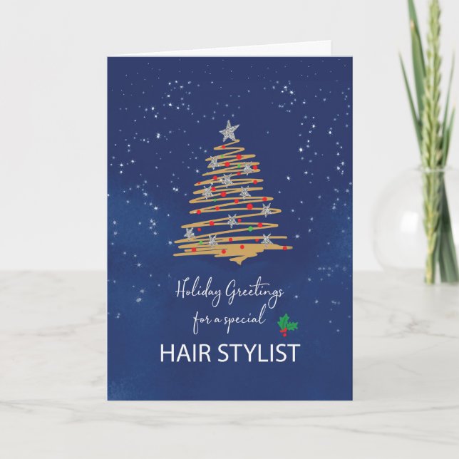 For Hair Stylist Christmas Tree on Navy Card (Front)