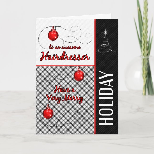 for Hairdresser Red and Black Plaid Holiday Card (Front)