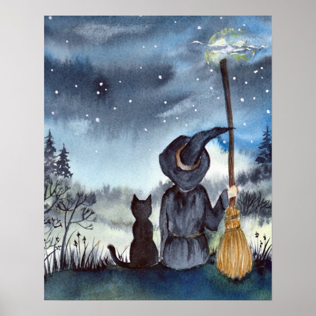 For Halloween Black Cat and The Witch Starry Night Poster (Front)