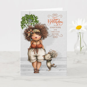 for Her Birthday Curvy Brown Skinned Woman and Cat Card