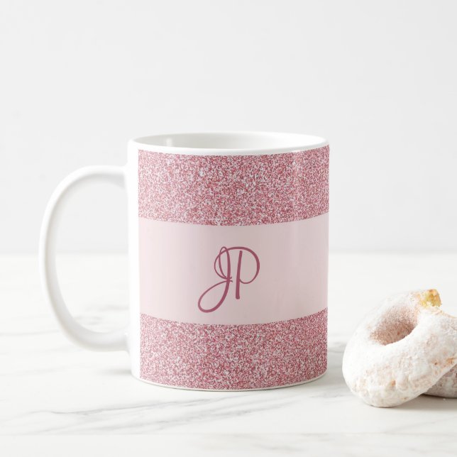 For Her Rose Gold Glitter Look Template Monogram Coffee Mug (With Donut)