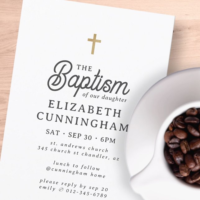 For Her Simple Modern Elegant Gold Cross Baptism Invitation (Creator Uploaded)
