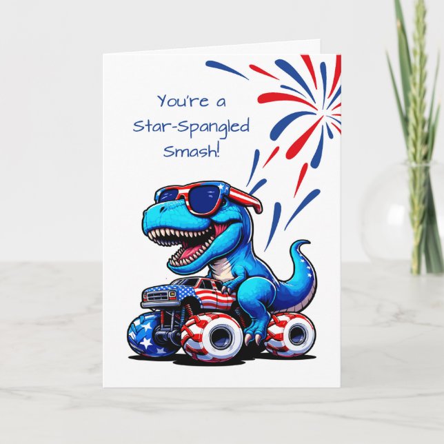For Him 4th of July Dinosaur T-Rex Riding Truck Card (Front)