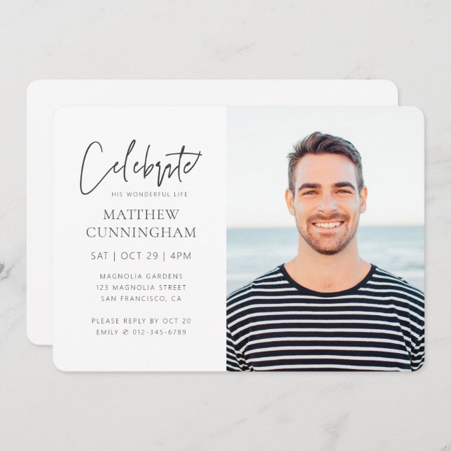 For Him Celebration of Life Modern Simple Photo Invitation (Front/Back)