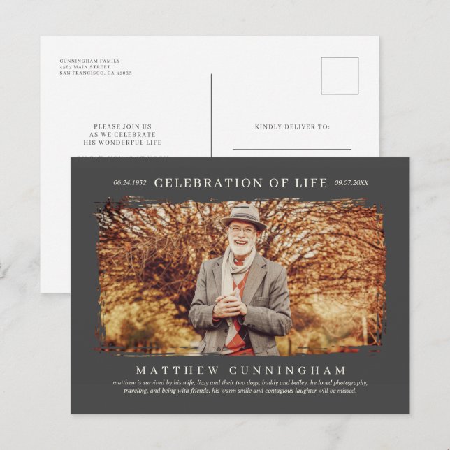 For Him Celebration of Life Modern Simple Photo Invitation Postcard (Front/Back)