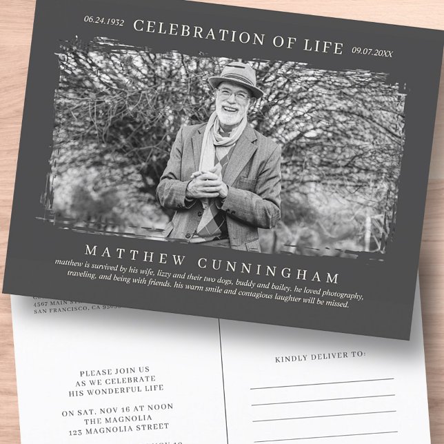 For Him Celebration of Life Modern Simple Photo Invitation Postcard (Creator Uploaded)