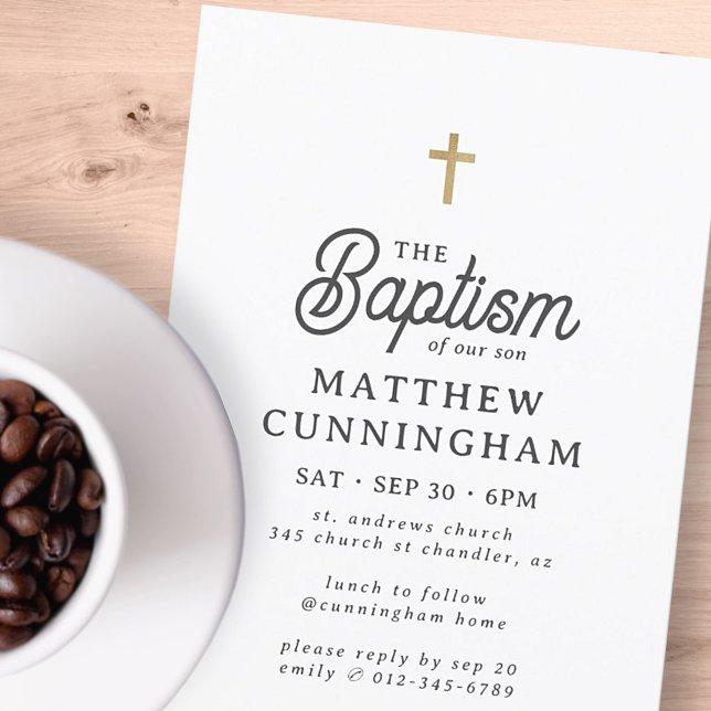 For Him Simple Modern Elegant Gold Cross Baptism Invitation (Creator Uploaded)