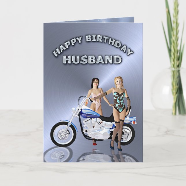 For husband, birthday with girls and a motorcycle card (Front)