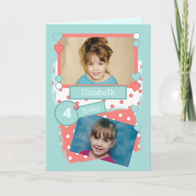 For kids coral green polka dots any age photos card (Front)