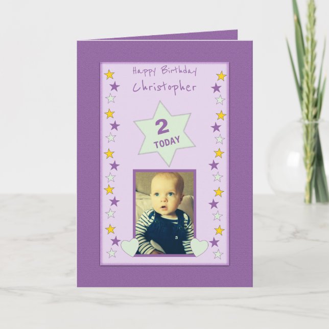 For kids little boy purple Birthday photo greeting Card (Front)