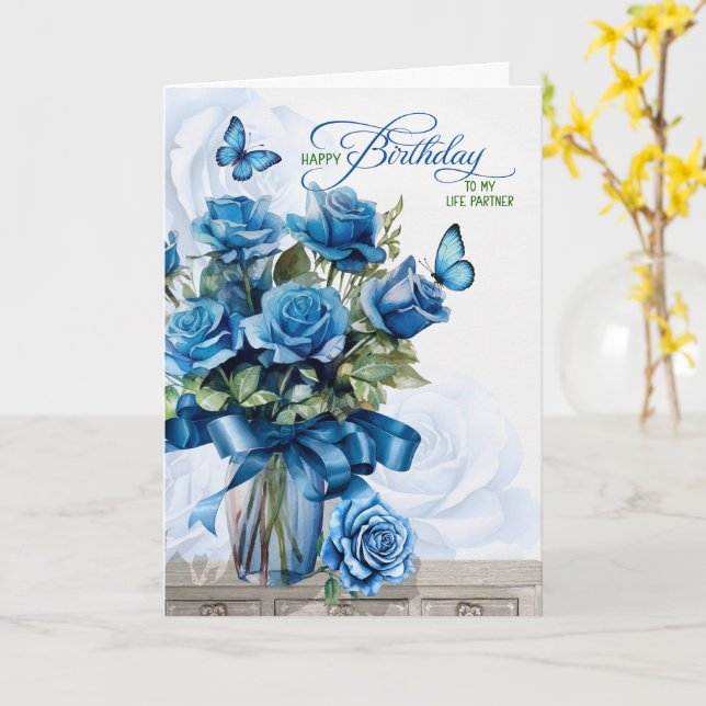 for Life Partner Birthday Vase of Blue Roses Card (Yellow Flower)