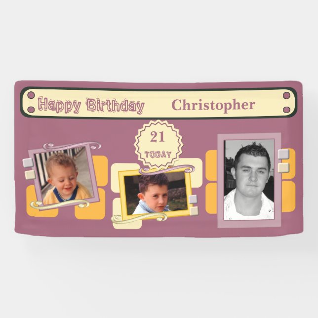 For men 21st add photos name burgundy party banner (Horizontal)