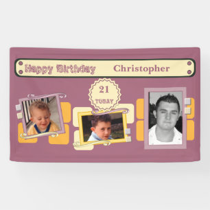 For men 21st add photos name burgundy party banner