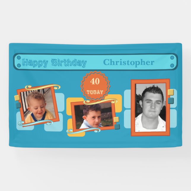 For men 40th add photos name blue party banner (Horizontal)