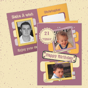 For men add photos burgundy orange 21st Birthday Card