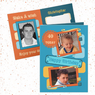 For men add photos orange blue 40th Birthday Card