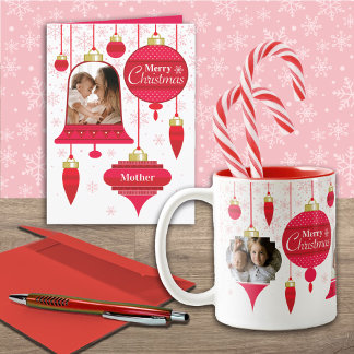 For Mother Custom Photo Red Retro Ornaments Holiday Card