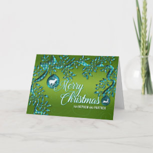 for Nephew and Partner Green Turquoise Christmas Holiday Card