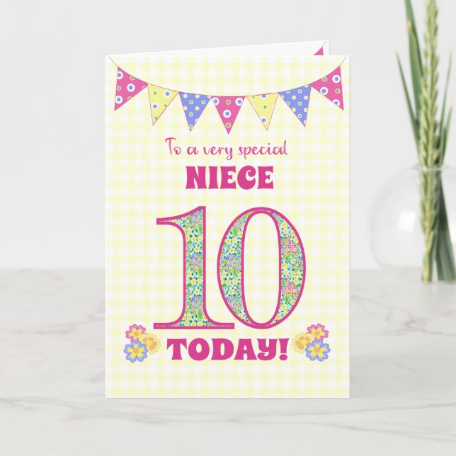For Niece 10th Birthday Primroses Bunting Card (Front)
