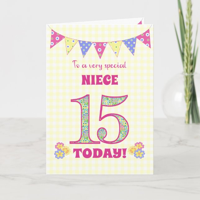 For Niece 15th Birthday Primroses Bunting Card (Front)