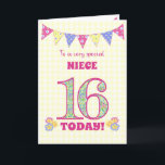 For Niece 16th Birthday Primroses Bunting Card<br><div class="desc">A pretty 16th Birthday card for your niece, with polka dot bunting, primrose flowers and numbers filled with a primrose pattern, all on a pale yellow check gingham background. The front cover message is, 'To a very special NIECE 16 TODAY!' The inside message is just a suggestion and you can...</div>