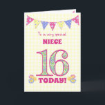 For Niece 16th Birthday Primroses Bunting Card<br><div class="desc">A pretty 16th Birthday card for your niece, with polka dot bunting, primrose flowers and numbers filled with a primrose pattern, all on a pale yellow check gingham background. The front cover message is, 'To a very special NIECE 16 TODAY!' The inside message is just a suggestion and you can...</div>