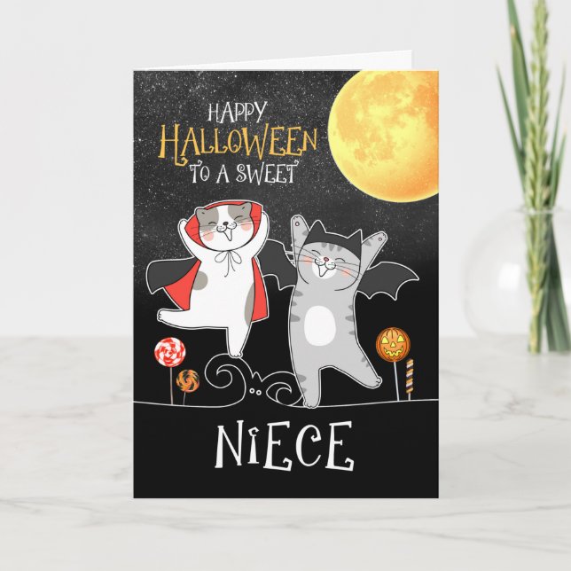for Niece PURRfect Halloween Cats Trick or Treat Holiday Card (Front)