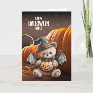 for Niece Teddy Bear Witch and Bat Wings Halloween Holiday Card