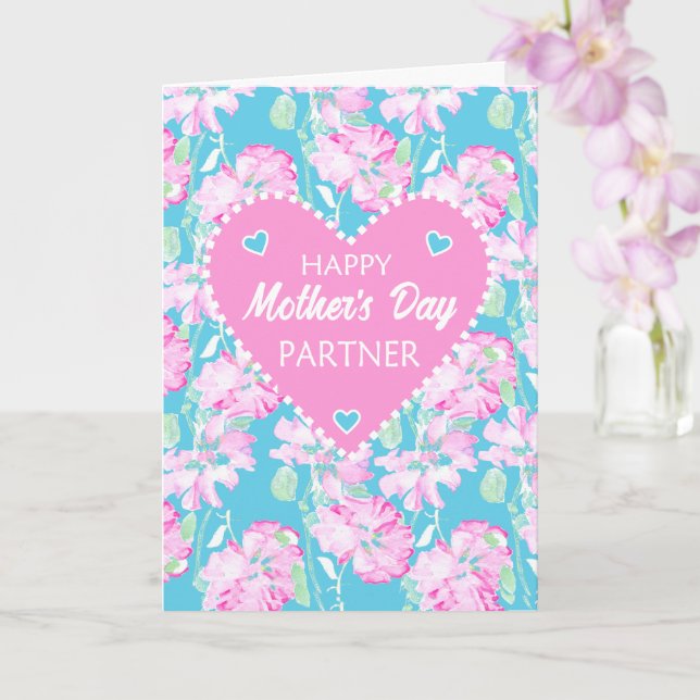 For Partner on Mothers Day Pink Roses on Blue Card (Orchid)