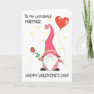 For Partner Valentine's Cute Gnome and Red Rose Card