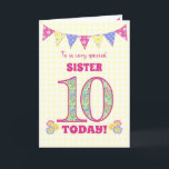 For Sister 10th Birthday Primroses Bunting Card<br><div class="desc">A pretty 10th Birthday card for your sister, with polka dot bunting, primrose flowers and numbers filled with a primrose pattern, all on a pale yellow check gingham background. The front cover message is, 'To a very special SISTER 10 TODAY!' The inside message is just a suggestion and you can...</div>