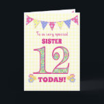 For Sister 12th Birthday Primroses Bunting Card<br><div class="desc">A pretty 12th Birthday card for your sister, with polka dot bunting, primrose flowers and numbers filled with a primrose pattern, all on a pale yellow check gingham background. The front cover message is, 'To a very special SISTER 12 TODAY!' The inside message is just a suggestion and you can...</div>