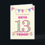 For Sister 13th Birthday Primroses Bunting Card<br><div class="desc">A pretty 13th Birthday card for your sister, with polka dot bunting, primrose flowers and numbers filled with a primrose pattern, all on a pale yellow check gingham background. The front cover message is, 'To a very special SISTER 13 TODAY!' The inside message is just a suggestion and you can...</div>