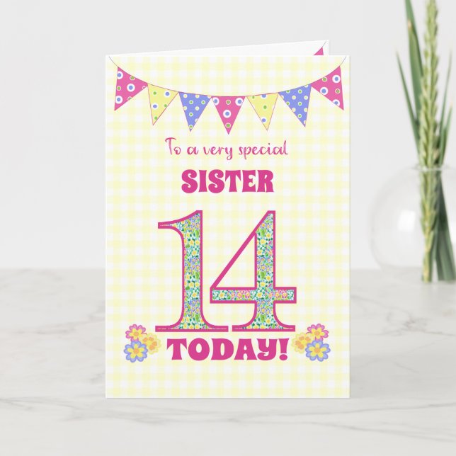 For Sister 14th Birthday Primroses Bunting Card (Front)