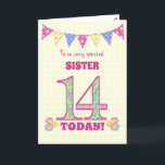 For Sister 14th Birthday Primroses Bunting Card<br><div class="desc">A pretty 14th Birthday card for your sister, with polka dot bunting, primrose flowers and numbers filled with a primrose pattern, all on a pale yellow check gingham background. The front cover message is, 'To a very special SISTER 14 TODAY!' The inside message is just a suggestion and you can...</div>