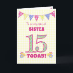 For Sister 15th Birthday Primroses Bunting Card<br><div class="desc">A pretty 15th Birthday card for your sister, with polka dot bunting, primrose flowers and numbers filled with a primrose pattern, all on a pale yellow check gingham background. The front cover message is, 'To a very special SISTER 15 TODAY!' The inside message is just a suggestion and you can...</div>
