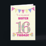 For Sister 16th Birthday Primroses Bunting Card<br><div class="desc">A pretty 16th Birthday card for your sister, with polka dot bunting, primrose flowers and numbers filled with a primrose pattern, all on a pale yellow check gingham background. The front cover message is, 'To a very special SISTER 16 TODAY!' The inside message is just a suggestion and you can...</div>