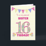 For Sister 16th Birthday Primroses Bunting Card<br><div class="desc">A pretty 16th Birthday card for your sister, with polka dot bunting, primrose flowers and numbers filled with a primrose pattern, all on a pale yellow check gingham background. The front cover message is, 'To a very special SISTER 16 TODAY!' The inside message is just a suggestion and you can...</div>