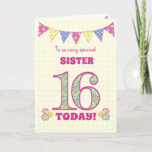 For Sister 16th Birthday Primroses Bunting Card